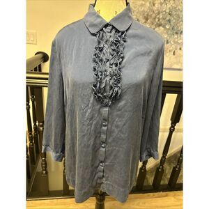 Talbots Button Front‎ Silk Shirt Womens Ruffle Blue Size 12